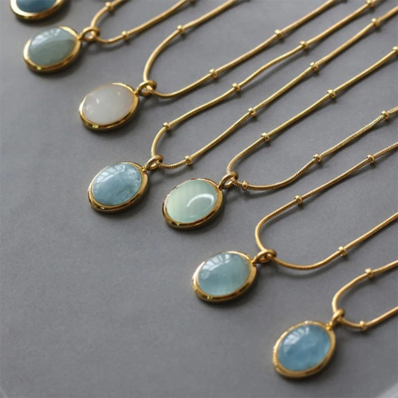 Stainless Steel Round Opal Necklace For Women Girls Natural Stone Pendant Gold Color Choker Necklaces Vintage Jewelry